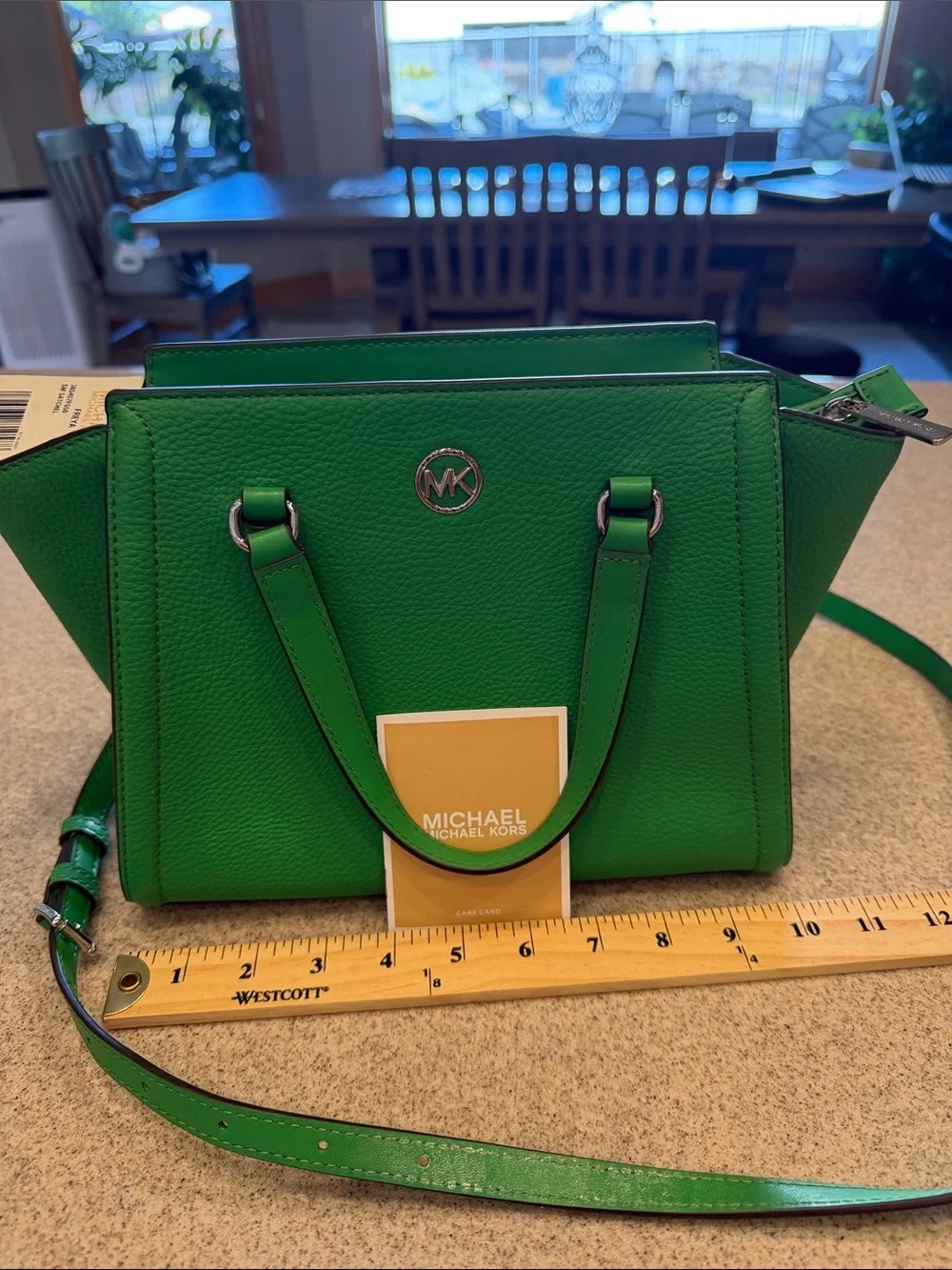 Small “Freya”Michael Kors Emerald Green Leather Satchel with Top Handles & strap